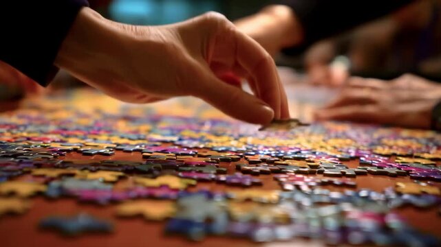 Group of people engaged in assembling a colorful jigsaw puzzle on a wooden table in a cozy setting