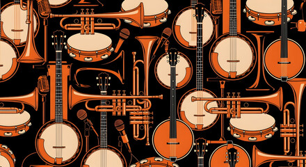 Naklejka premium Vintage Jazz and Orchestral Instruments Pattern: Repeating Banjo, Trumpet, Clarinet and Saxophone Motifs in Warm Orange and Brown Palette