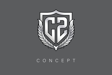 CZ Creative Initial Letter Logo with Shield and Laurel Wreath Silver Metallic Branding Emblem on Gray Background.