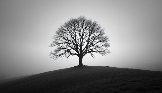 Monochrome image of a bare tree silhouetted against a foggy, overcast sky on a hilltop landscape.