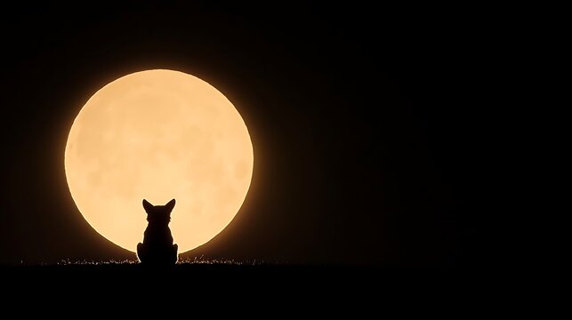 Silhouette of a cat gazing at a large luminous moon