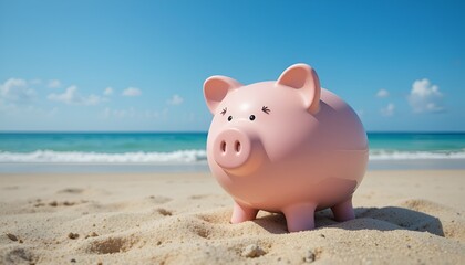 A pink piggy bank sits on a sandy beach with a turquoise ocean backdrop suggesting vacation savings.