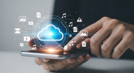 Cloud computing technology concept with person using smartphone for data storage, internet network, and digital online services
