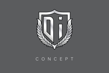 DI Creative Initial Letter Logo with Shield and Laurel Wreath Silver Metallic Branding Emblem on Gray Background.