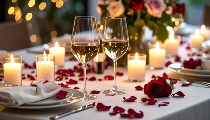 Romantic dinner table setting with candles, roses, and wine