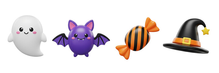 A collection of playful Halloween-themed emojis including a ghost, bat, candy, and witch's hat, each with vibrant colors and cute expressions.