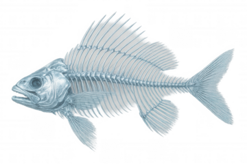 Medical x-ray showing skeletal structure and fins of marine creature, positioned leftward on clear luminescent surface