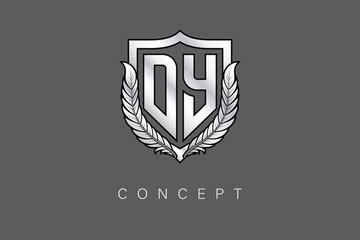DY Creative Initial Letter Logo with Shield and Laurel Wreath Silver Metallic Branding Emblem on Gray Background.