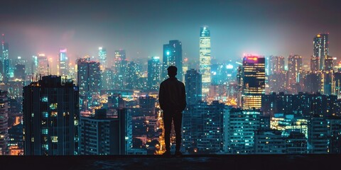A traveler standing on a rooftop, admiring the glowing city skyline