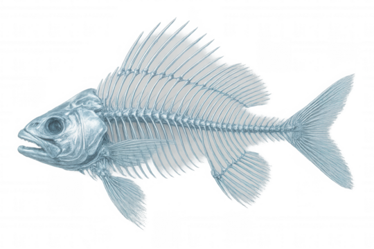 Medical x-ray showing skeletal structure and fins of marine creature, positioned leftward on clear luminescent surface