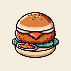 Cartoon Style Delicious Crispy Chicken Burger with Sauce Illustration