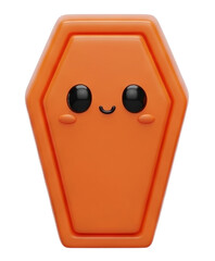 A cheerful, orange coffin-shaped object with a smiling face and big eyes.
