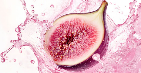 Fresh fig half splashing into pink liquid, isolated on white background