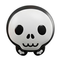 A playful skull-shaped figure with large eyes and a smiling mouth, designed with black and white contrast, featuring small bones at the base.