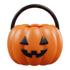 A cheerful orange pumpkin-shaped container with a black handle and carved facial features, symbolizing Halloween festivities.