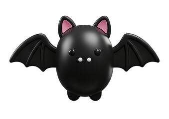 A cute, cartoonish bat figure with rounded features, tiny ears, and outstretched wings, designed in a glossy black finish.