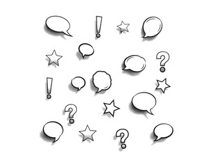 Speech bubbles, stars, exclamation points, and question marks with a halftone shadow

