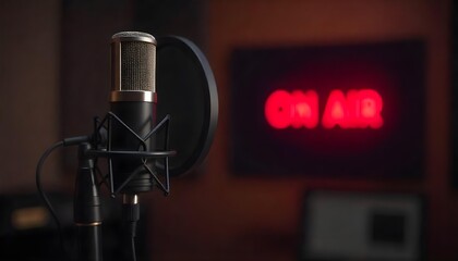 A microphone displayed with a red On Air sign, emphasizing the theme of communication and live audio broadcasting