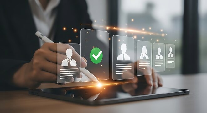 A businessman uses a tablet to select a job applicants profile, and the hr manager is considering a job interview for the candidate