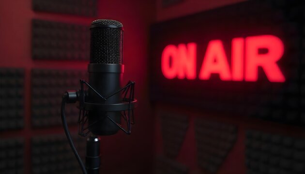 A microphone set against a red On Air sign, highlighting the essence of live radio and podcasting for World Radio Day