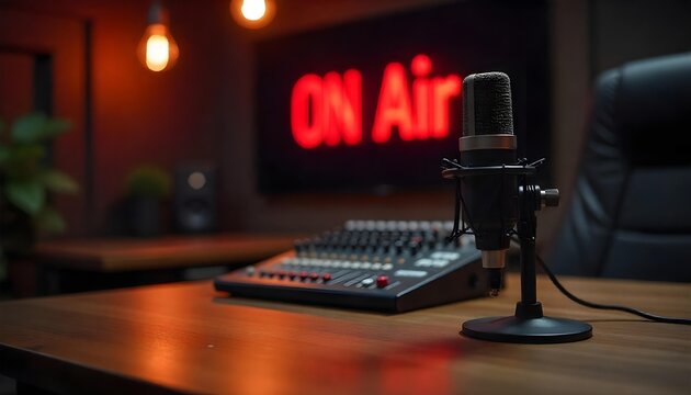A microphone and mixer on a table with an On Air sign, embodying the spirit of radio, podcasts, and live media