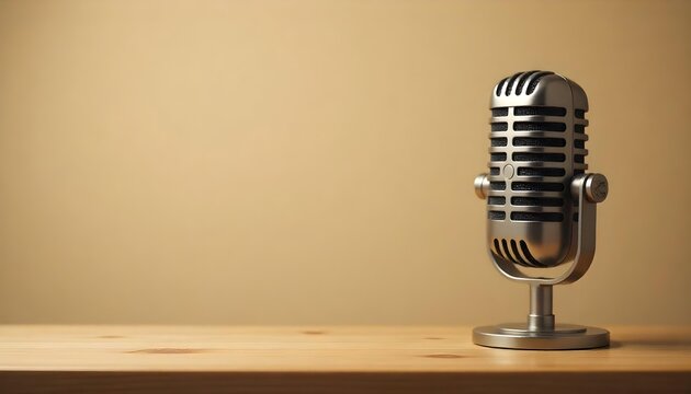 Vintage microphone on a wooden table, capturing the essence of radio history and the celebration of World Radio Day - Powered by Adobe