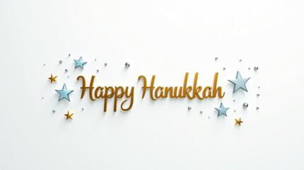 Happy hanukkah golden text isolated on white background with festive star and confetti, perfect for holiday greetings, invitations, and celebratory designs, creating a joyful atmosphere