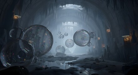 A mysterious, dimly lit cavern filled with large, floating transparent orbs above a wet, reflective floor.
