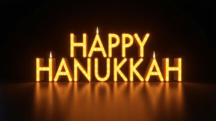 Obraz premium Festive happy hanukkah text with glowing candles on a dark background golden letters illuminate the scene, creating a warm and inviting atmosphere for holiday greetings and celebrations