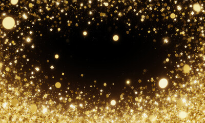 Golden Glittering Stars and Bokeh Frame