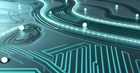 Close-up view initiating white spheres rolling along glowing teal-lined grooves on metallic surface - Powered by Adobe