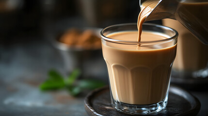 Close up of milky tea being poured into a glass cup