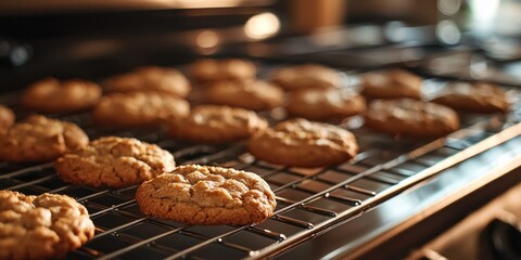 A warm kitchen scene with cookies cooling on a rack