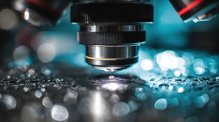 Medium shot capturing advanced optical metrology tools inspecting microscale details main lens sharply focused while the surroundings fade into soft bokeh.