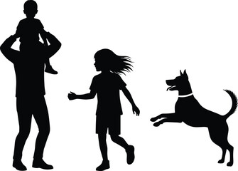 Father Carrying Son, Daughter Running, and Dog Jumping Outdoors, Happy Family Moment Silhouette, Active Parenting Vector Illustration Scene