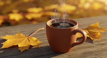 Autumn coffee or tea in a cup on a wooden table against the background of yellow fallen leaves and October weather. Autumn drink, mood and comfort concept.