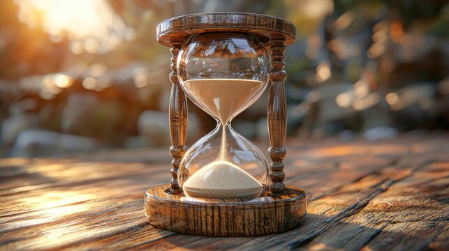 Hourglass with Flowing Sand on Wooden Surface at Sunset