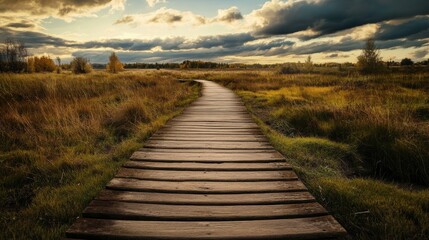 A wooden path leads through a field of tall grass under a dramatic sky.