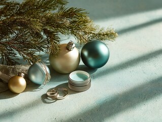 Minimalist Christmas Jewelry and Decor with Teal Blue and Warm Pink Tones 