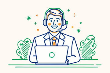 Smiling customer service agent with headset and laptop ready to assist your business needs