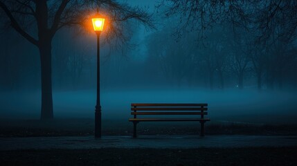 Illuminated Park Bench at Night in Foggy Atmosphere