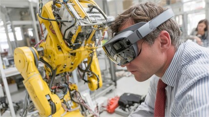 Fototapeta premium VR Robot Repair: Augmented Reality, Industry 4.0, Technician