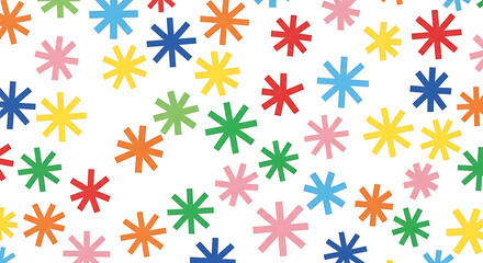 A vibrant and cheerful seamless pattern of colorful starburst shapes scattered across a clean white background
