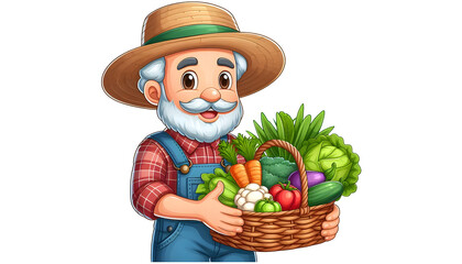 Smiling Cartoon Farmer Harvesting Vegetables in Basket