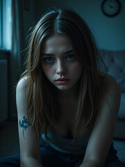 A closeup of a person sitting alone with a sad expression, dimly lit room, conveying feelings of depression and isolation