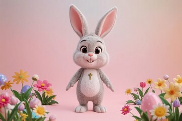 Cute Easter bunny, pastel background, flowers, eggs, religious cross