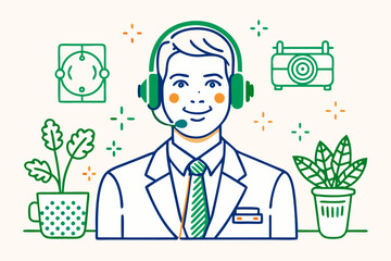 Friendly support agent with headset and plants, ready for customer service.