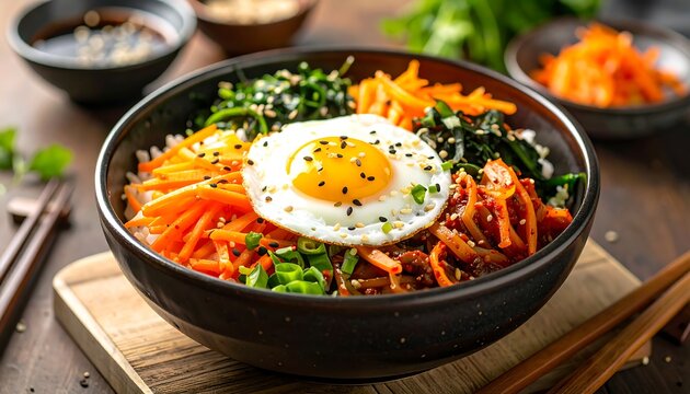 Colorful and flavorful bibimbap bowl with seasoned rice, vegetables, and a fried egg.