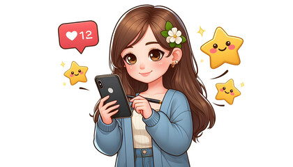 Young Cartoon Girl Influencer Using Smartphone