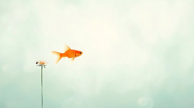 A single goldfish swims near a thin white pole against a pale background